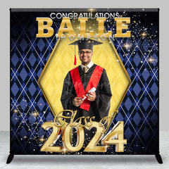 Aperturee - Glitter Gold Royal Blue Custom Photo Graduation Backdrop