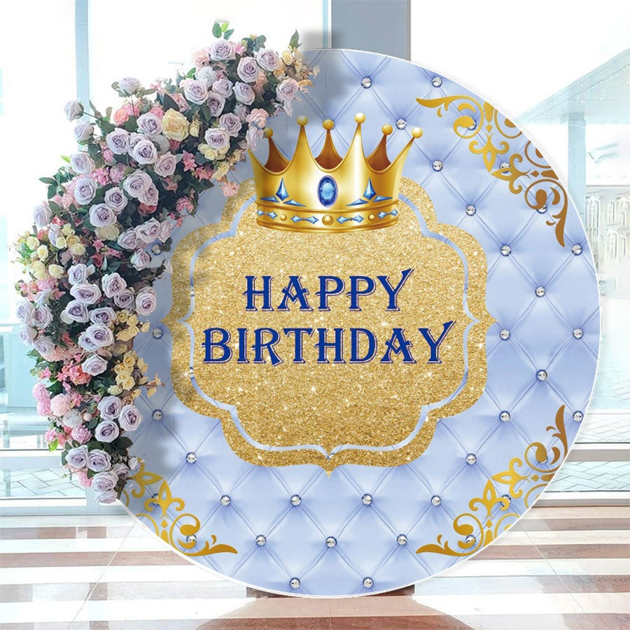 Aperturee - Glitter Golden And Blue Crown Round Birthday Backdrop