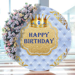Aperturee - Glitter Golden And Blue Crown Round Birthday Backdrop