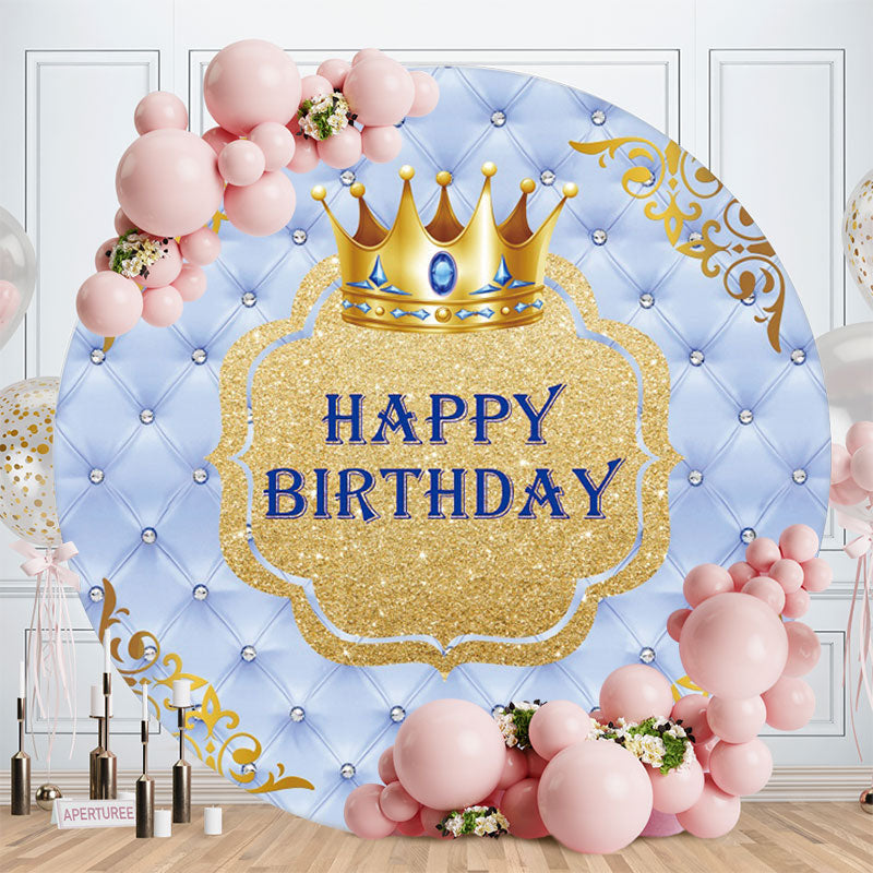 Aperturee - Glitter Golden And Blue Crown Round Birthday Backdrop