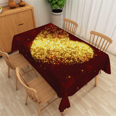 Aperturee - Glitter Golden Heart Deep Red Rectangle Tablecloth