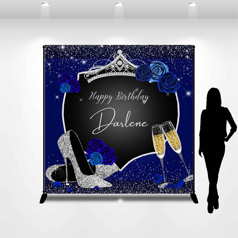 Aperturee - Glitter Navy Blue Floral Custom Birthday Backdrop