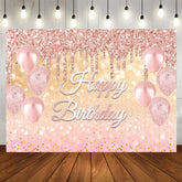 Aperturee - Glitter Pink Balloons Rose Gold Happy Birthday Backdrop