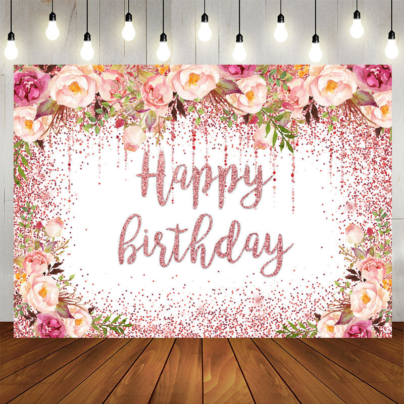 Aperturee - Glitter Pink Floral Happy Birthday Backdrop For Girl