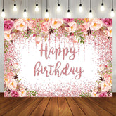 Aperturee - Glitter Pink Floral Happy Birthday Backdrop For Girl