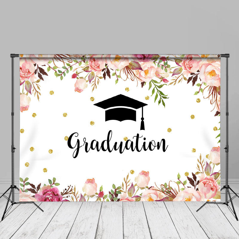 Aperturee - Glitter Pink Floral White Graduation Photo Backdrop