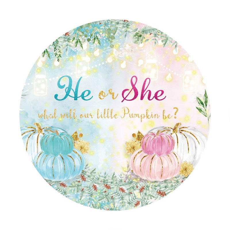 Aperturee - Glitter Pumpkin He Or She Circle Baby Shower Backdrop