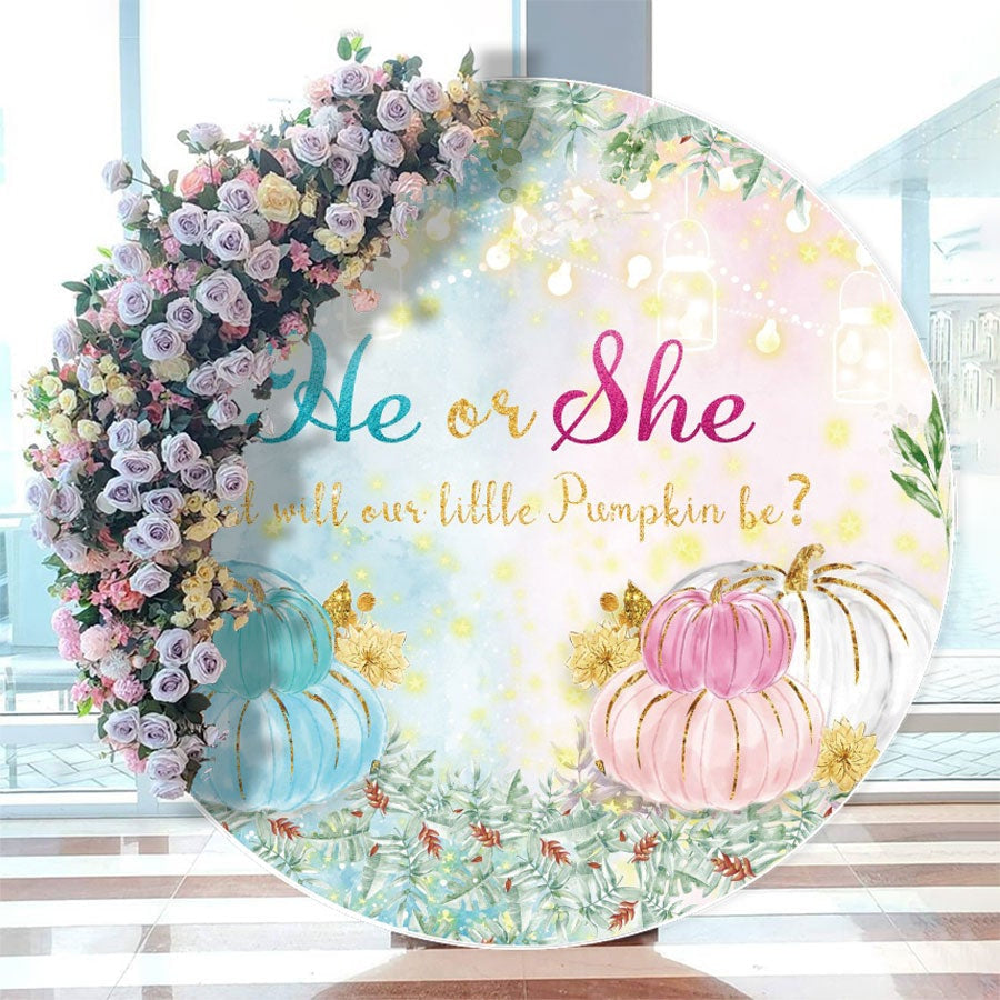 Aperturee - Glitter Pumpkin He Or She Circle Baby Shower Backdrop