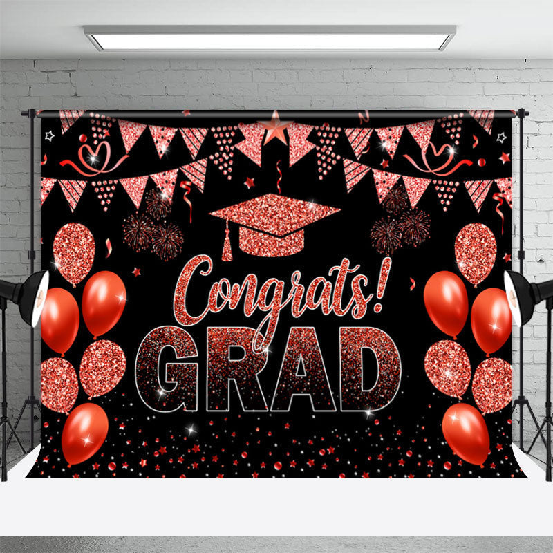 Aperturee - Glitter Red Balloons Flag Black Graduation Backdrop