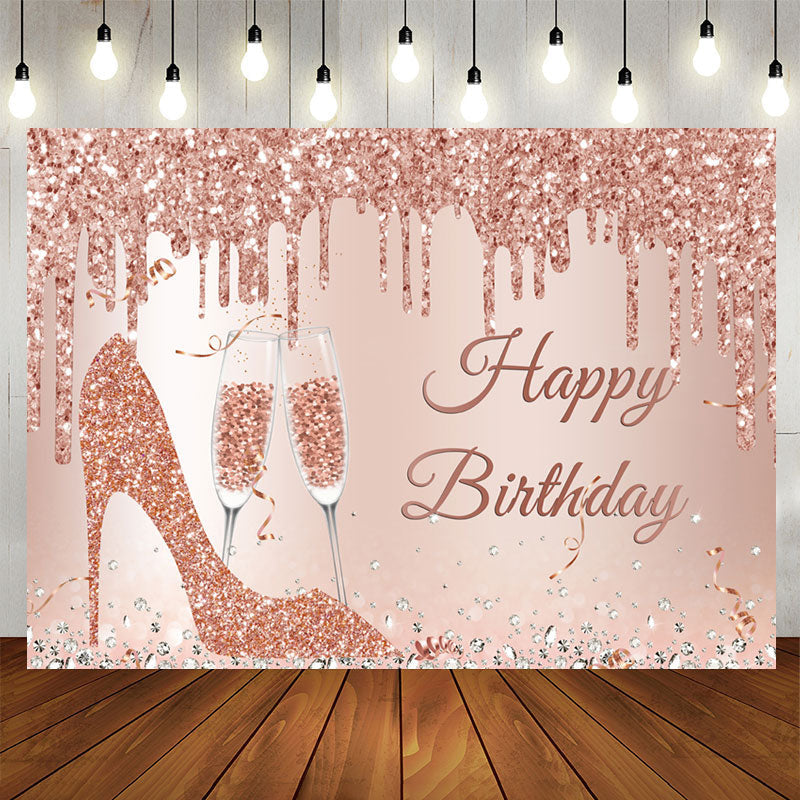 Aperturee - Glitter Rose Golden High Heels Happy Birthday Backdrop