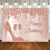 Aperturee - Glitter Rose Golden High Heels Happy Birthday Backdrop