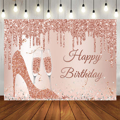 Aperturee - Glitter Rose Golden High Heels Happy Birthday Backdrop