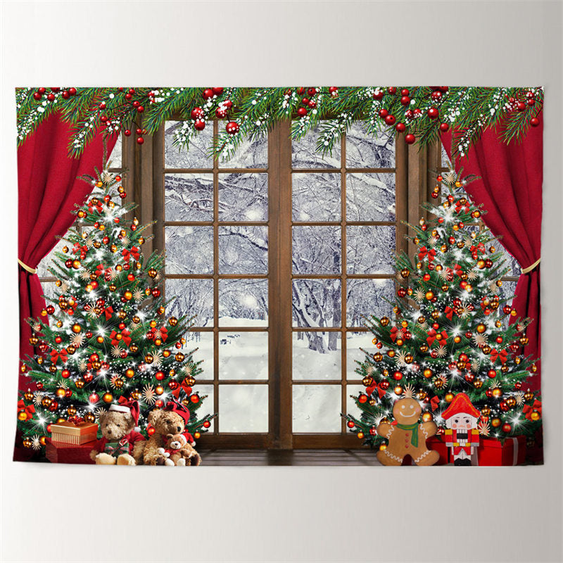 Aperturee - Glitter Tree Red Curtain Window Snow Xmas Backdrop