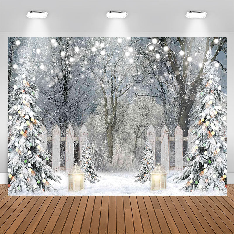 Aperturee - Glitter White Fence Snowy Forest Party Backdrop