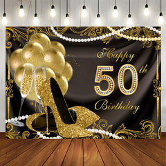 Aperturee - Gold Balloons Glitter 50th Happy Birthday Backdrop
