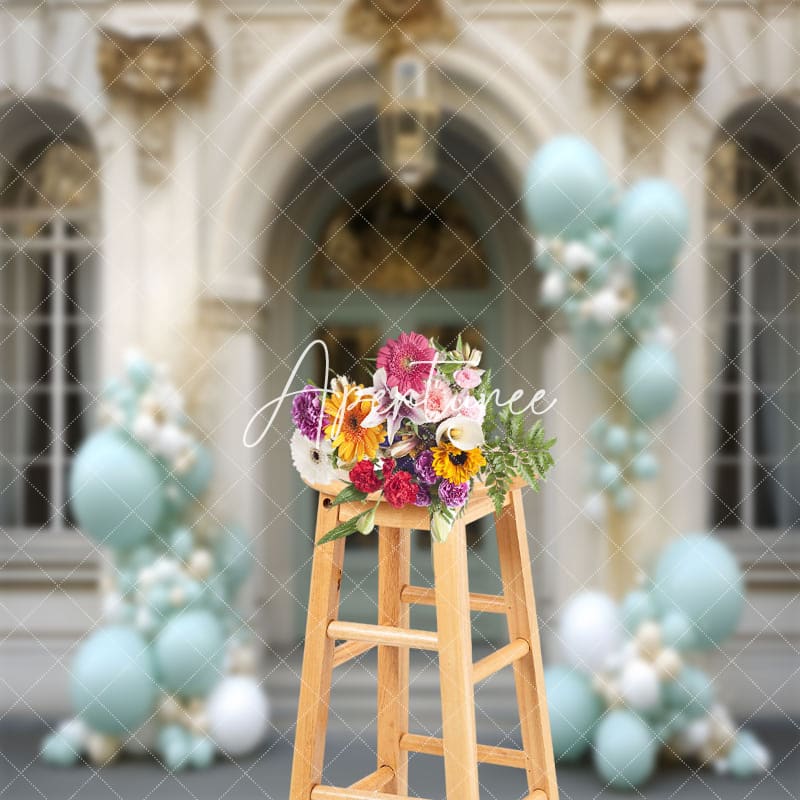 Aperturee - Gold Beige Royal Arch Door Blue Balloon Backdrop