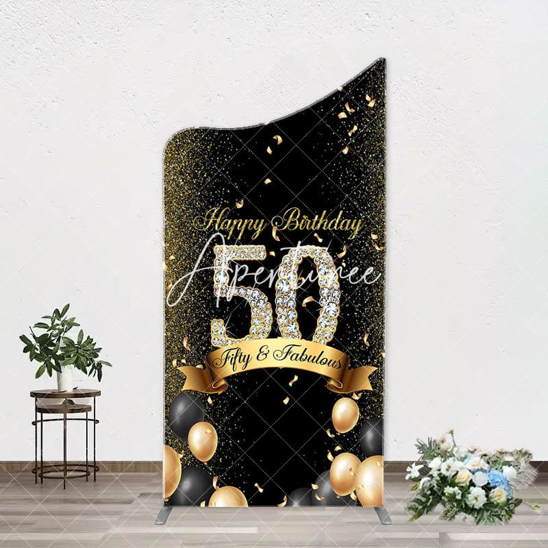 Aperturee - Gold Black Balloons Arch Backdrop For 50th Birthday
