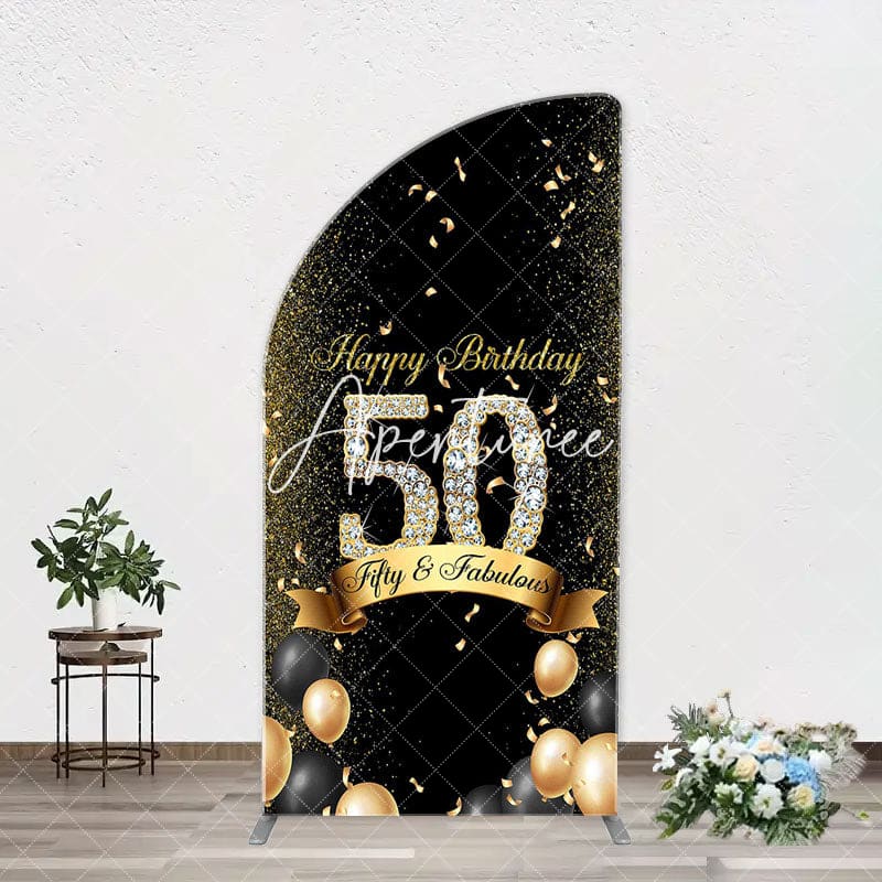 Aperturee - Gold Black Balloons Arch Backdrop For 50th Birthday