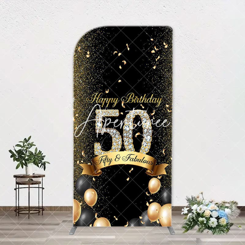 Aperturee - Gold Black Balloons Arch Backdrop For 50th Birthday