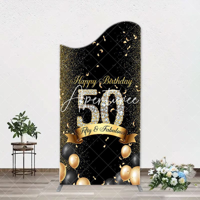Aperturee - Gold Black Balloons Arch Backdrop For 50th Birthday