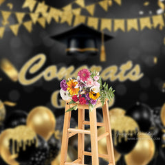 Aperturee - Gold Black Glitter Balloon Flag Congrats Grad Backdrop