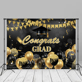 Aperturee - Gold Black Glitter Balloon Flag Congrats Grad Backdrop