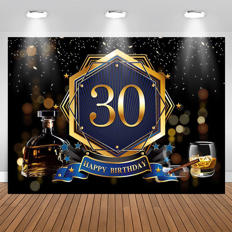 Aperturee - Gold Bokeh Black Happy 30th Birthday Backdrop Banner