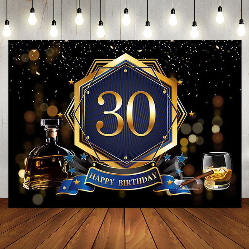 Aperturee - Gold Bokeh Black Happy 30th Birthday Backdrop Banner