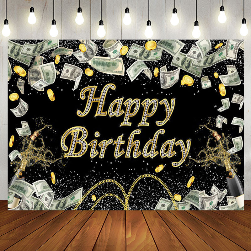 Aperturee - Gold Coins Dollar Bills Spark Black Birthday Backdrop