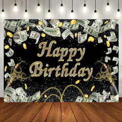 Aperturee - Gold Coins Dollar Bills Spark Black Birthday Backdrop