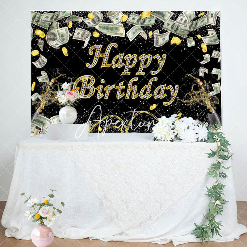 Aperturee - Gold Coins Dollar Bills Spark Black Birthday Backdrop
