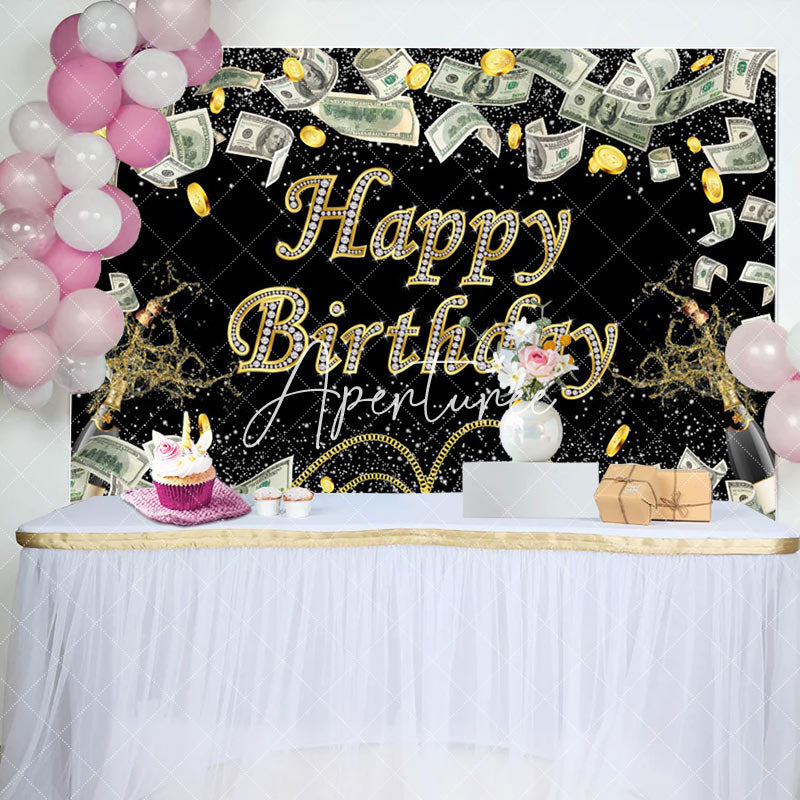 Aperturee - Gold Coins Dollar Bills Spark Black Birthday Backdrop