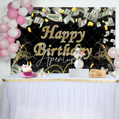 Aperturee - Gold Coins Dollar Bills Spark Black Birthday Backdrop