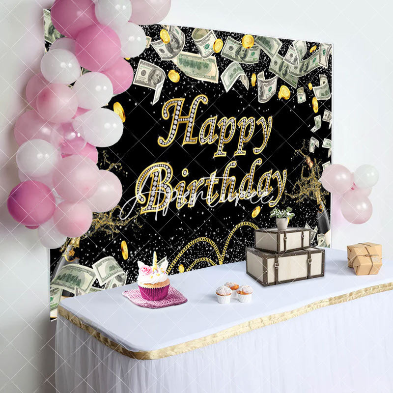 Aperturee - Gold Coins Dollar Bills Spark Black Birthday Backdrop