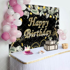 Aperturee - Gold Coins Dollar Bills Spark Black Birthday Backdrop
