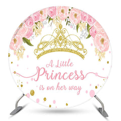 Aperturee Gold Crown Pink Floral Round Girl Baby Shower Backdrop