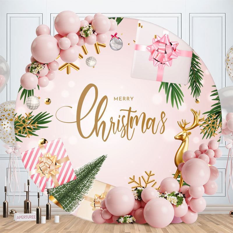 Aperturee - Gold Elk And Pink Gift Round Christmas Backdrop