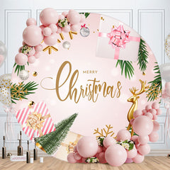 Aperturee - Gold Elk And Pink Gift Round Christmas Backdrop