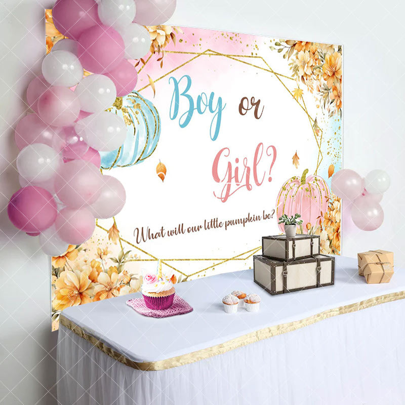Aperturee - Gold Flower Boy or Girl Pumpkins Gender Reveal Backdrop