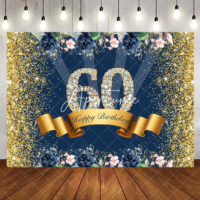 Aperturee - Gold Glitter And Flowers Happy 60th Birthday Backdrop