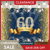 (Ship In 24HR) Gold Glitter And Flowers Happy 60th Birthday Backdrop