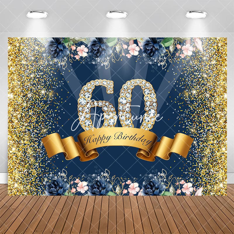 Aperturee - Gold Glitter And Flowers Happy 60th Birthday Backdrop