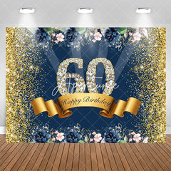 Aperturee - Gold Glitter And Flowers Happy 60th Birthday Backdrop