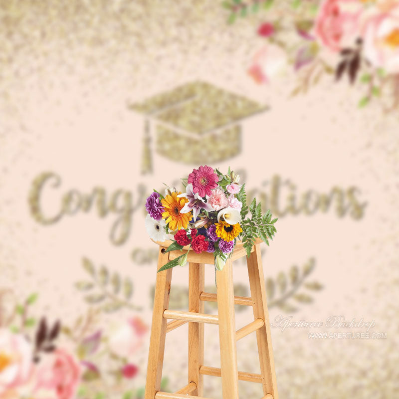 Aperturee - Gold Glitter Floral Pink Grad Backdrop For Photography