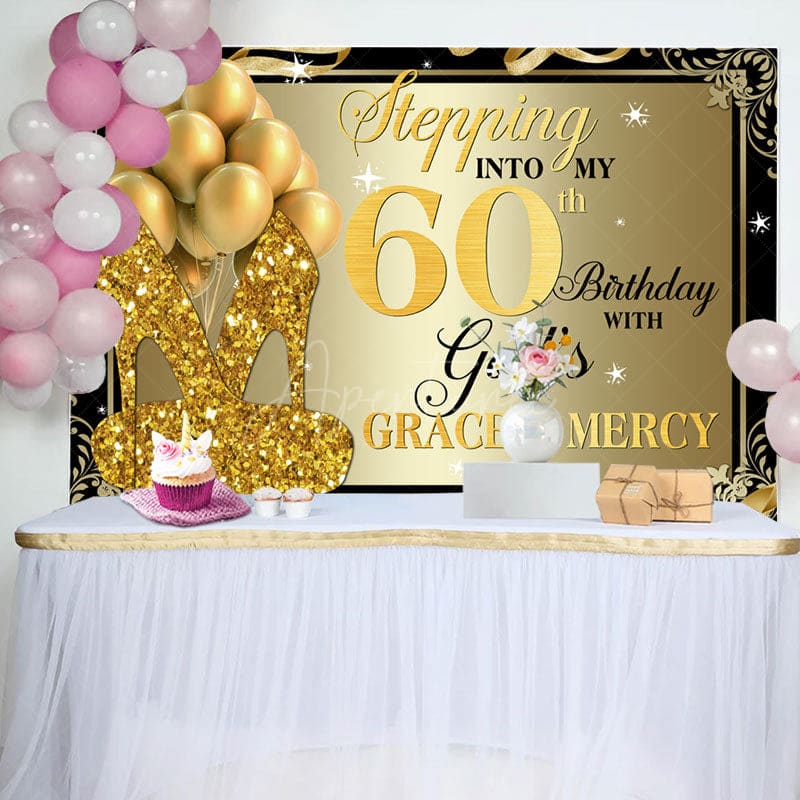 Aperturee - Gold Glitter Heels Stepping into 60th Birthday Backdrop