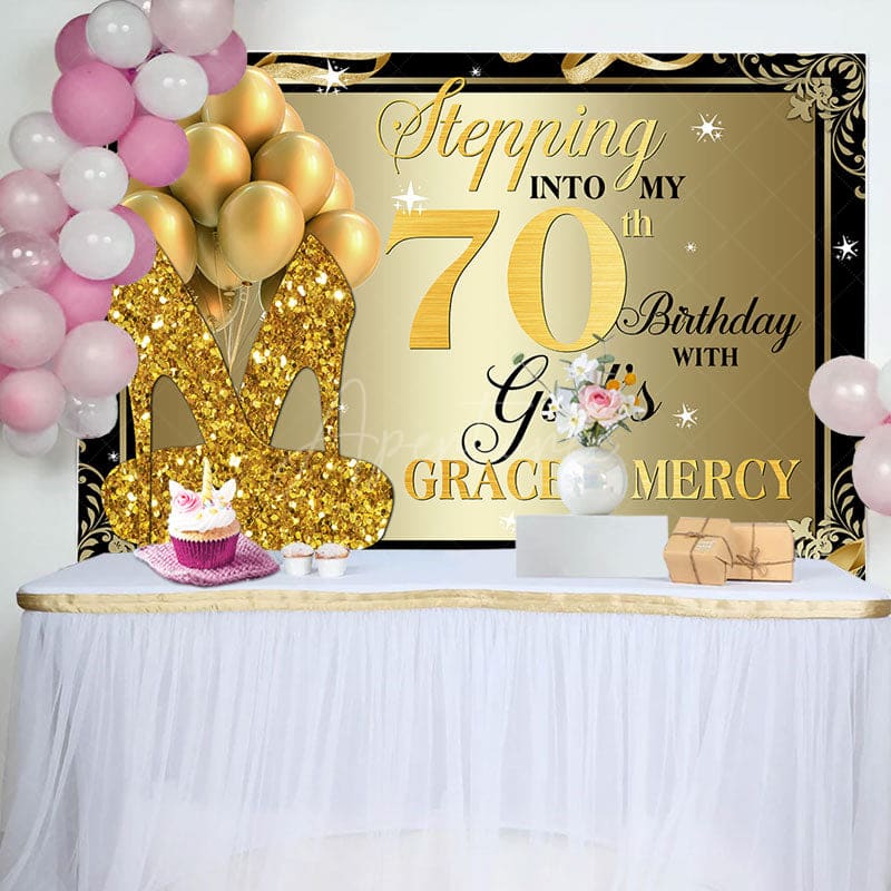 Aperturee - Gold Glitter Heels Stepping into 70th Birthday Backdrop