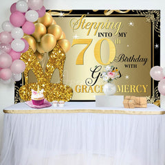 Aperturee - Gold Glitter Heels Stepping into 70th Birthday Backdrop