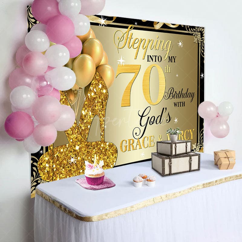 Aperturee - Gold Glitter Heels Stepping into 70th Birthday Backdrop
