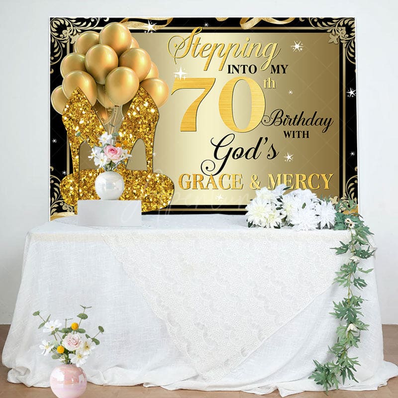 Aperturee - Gold Glitter Heels Stepping into 70th Birthday Backdrop