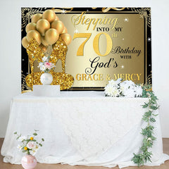 Aperturee - Gold Glitter Heels Stepping into 70th Birthday Backdrop